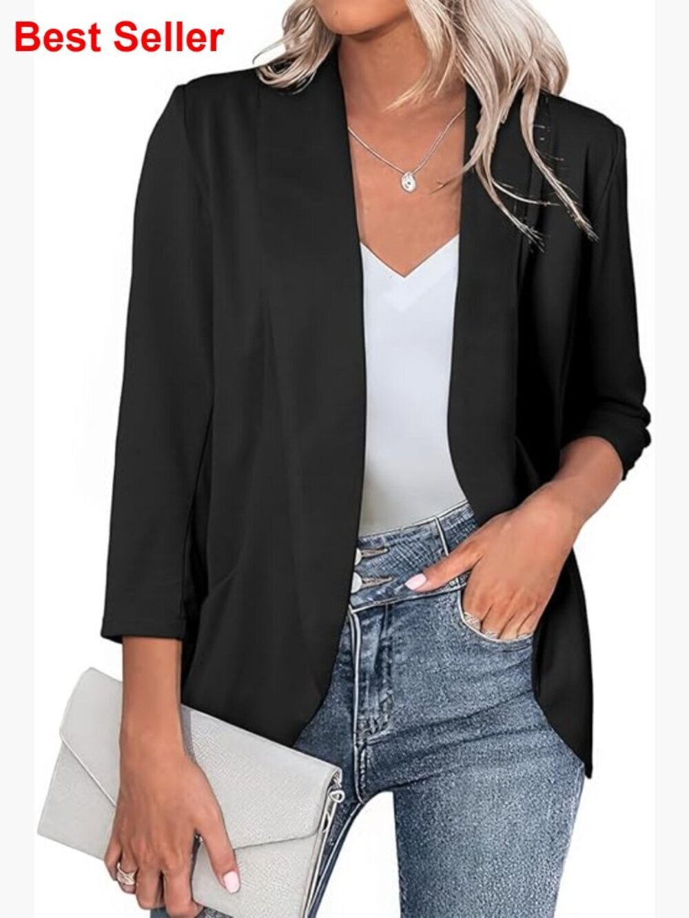 Lightweight Polyester Blend 3/4 Sleeve Open Front Blazer Cardigan
